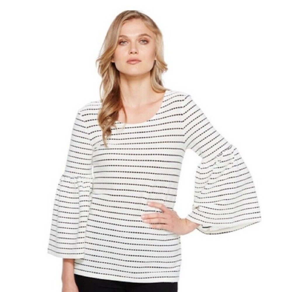 Calvin Klein Women's Top Size M‎ Ivory Striped Round Neck Long Bell Sleeve